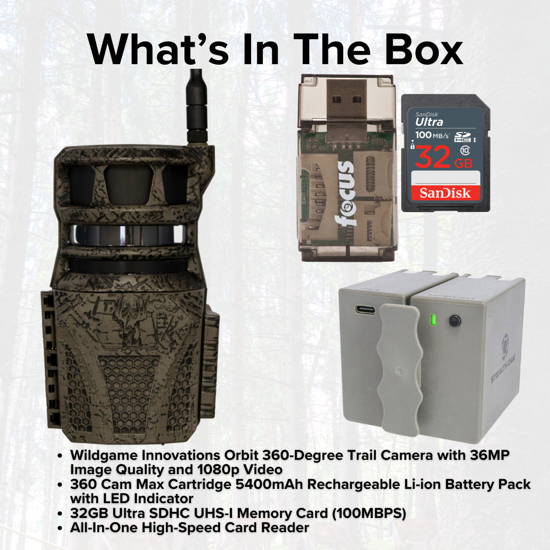 Wildgame Innovations Orbit 360-Degree 36MP Trail Camera with 5400mAh Rechargeable Battery Bundle