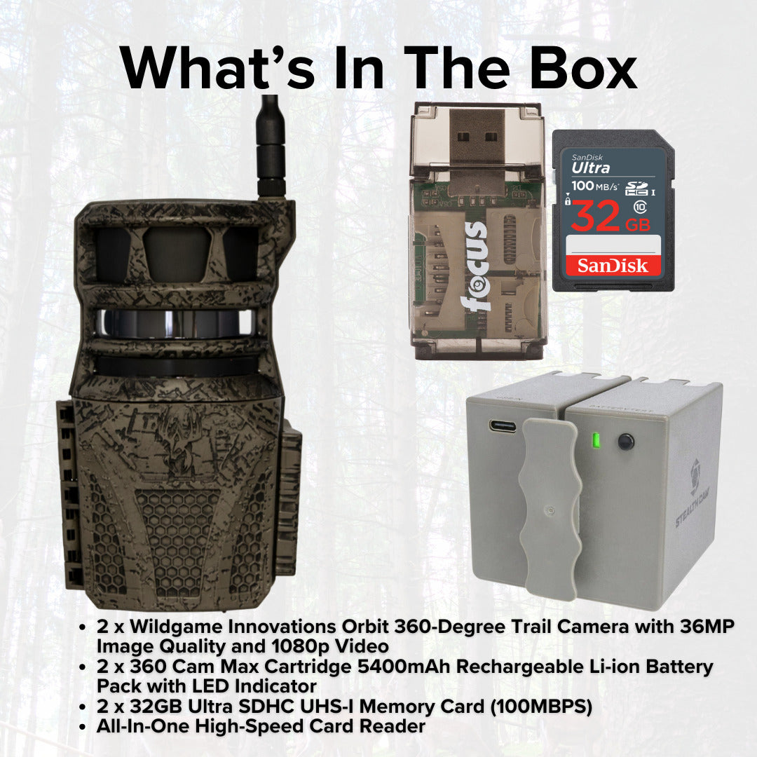 Wildgame Innovations Orbit 360-Degree 36MP Trail Camera (2-Pack) with 2 x 5400mAh Battery Bundle