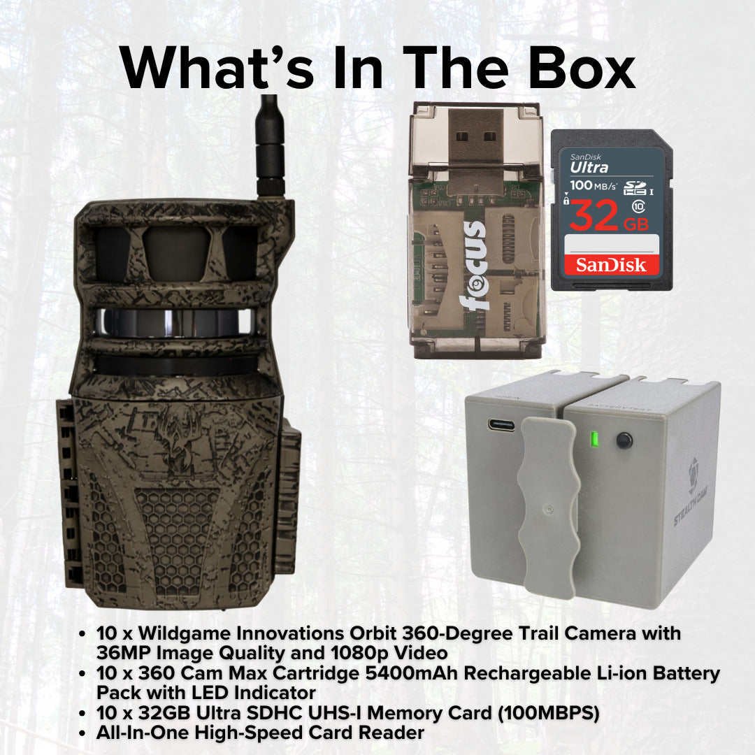 Wildgame Innovations Orbit 360-Degree 36MP Trail Camera (10-Pack) with 10 x 5400mAh Battery Bundle