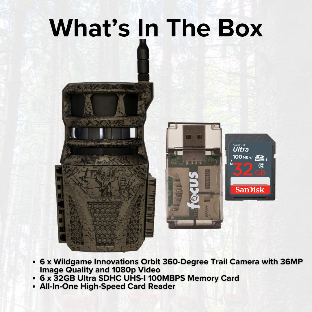 Wildgame Innovations Orbit 360-Degree 36MP Trail Camera (6-Pack) with Memory Card (6-Pack) Bundle