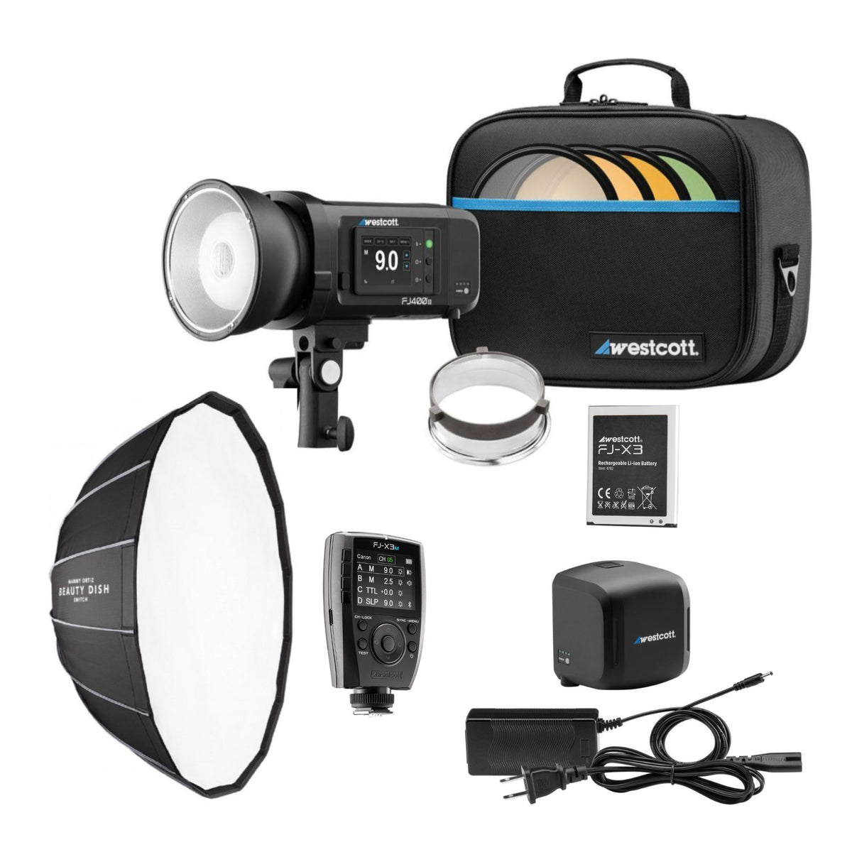 Westcott FJ400 II Touchscreen Strobe with FJ Pro AC and DC Battery (400Ws) with Power Adapter Bundle