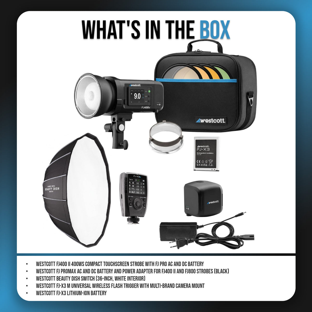 Westcott FJ400 II Touchscreen Strobe with FJ Pro AC and DC Battery (400Ws) with Power Adapter Bundle