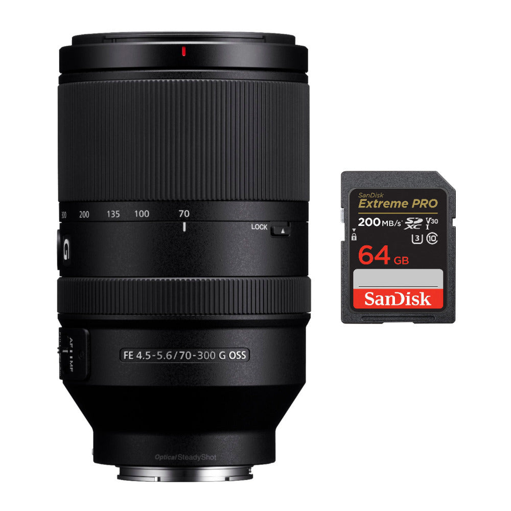 Sony FE 70-300mm f/4.5-5.6 G OSS E-Mount Telephoto Zoom Lens and 64GB SD Card Bundle