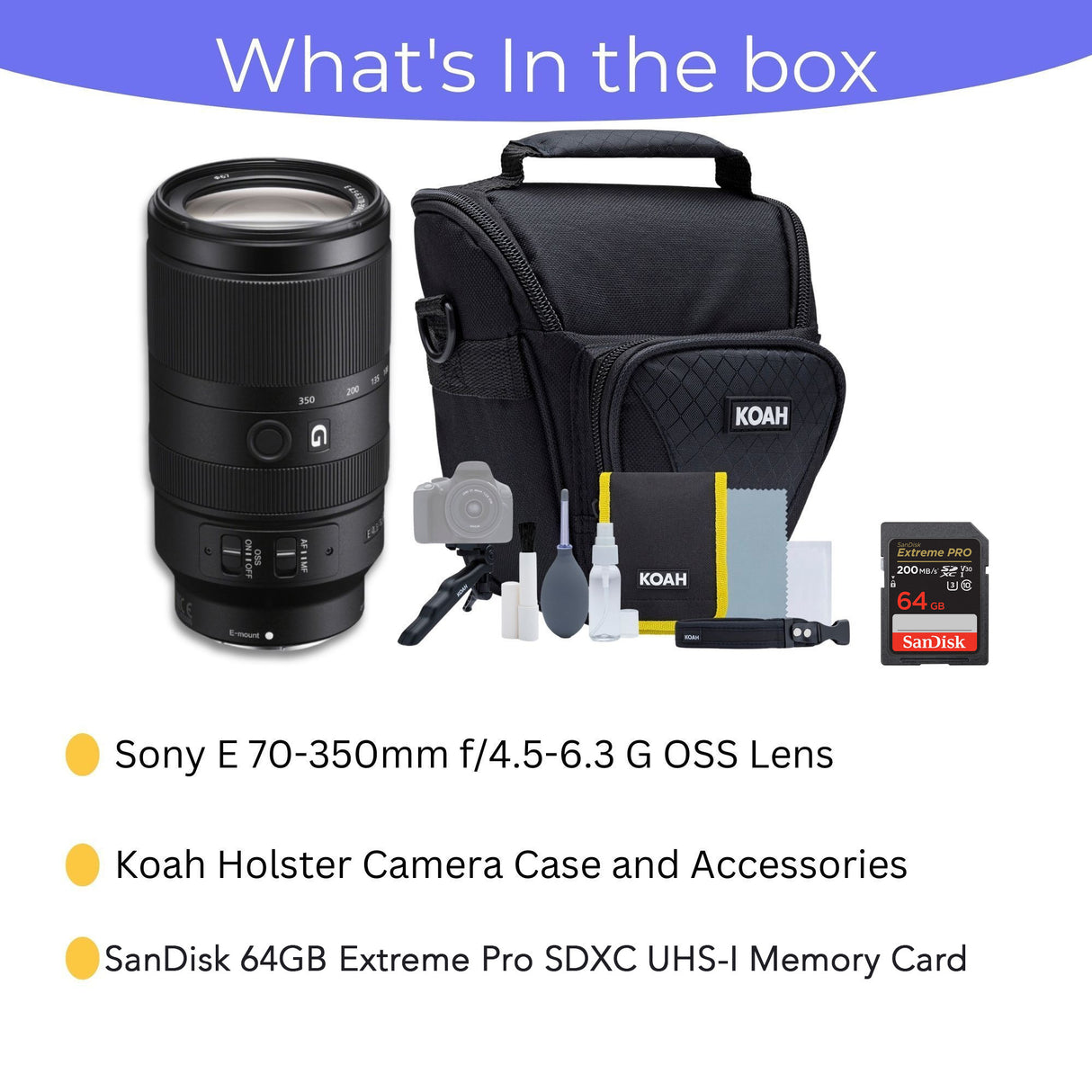 Sony E 70-350mm f/4.5-6.3 G OSS Lens - Telephoto Zoom Lens with 64GB Memory Card, and Camera Bag