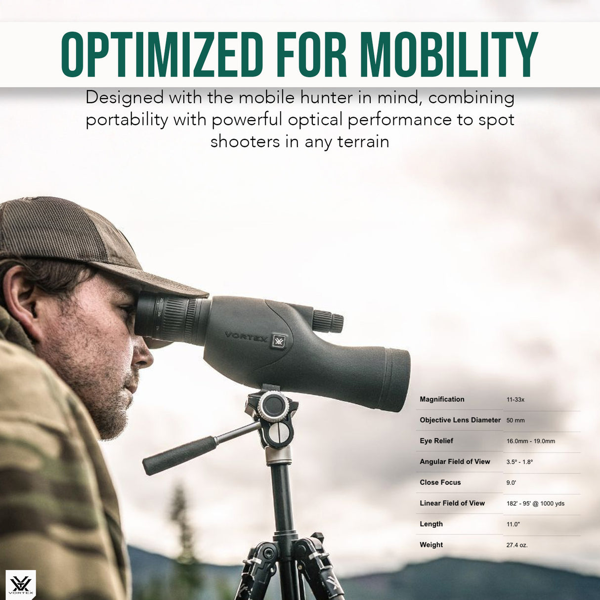 Vortex Viper HD 11 to 33 x 50mm Straight Spotting Scope with Lightweight Design with Tripod Bundle