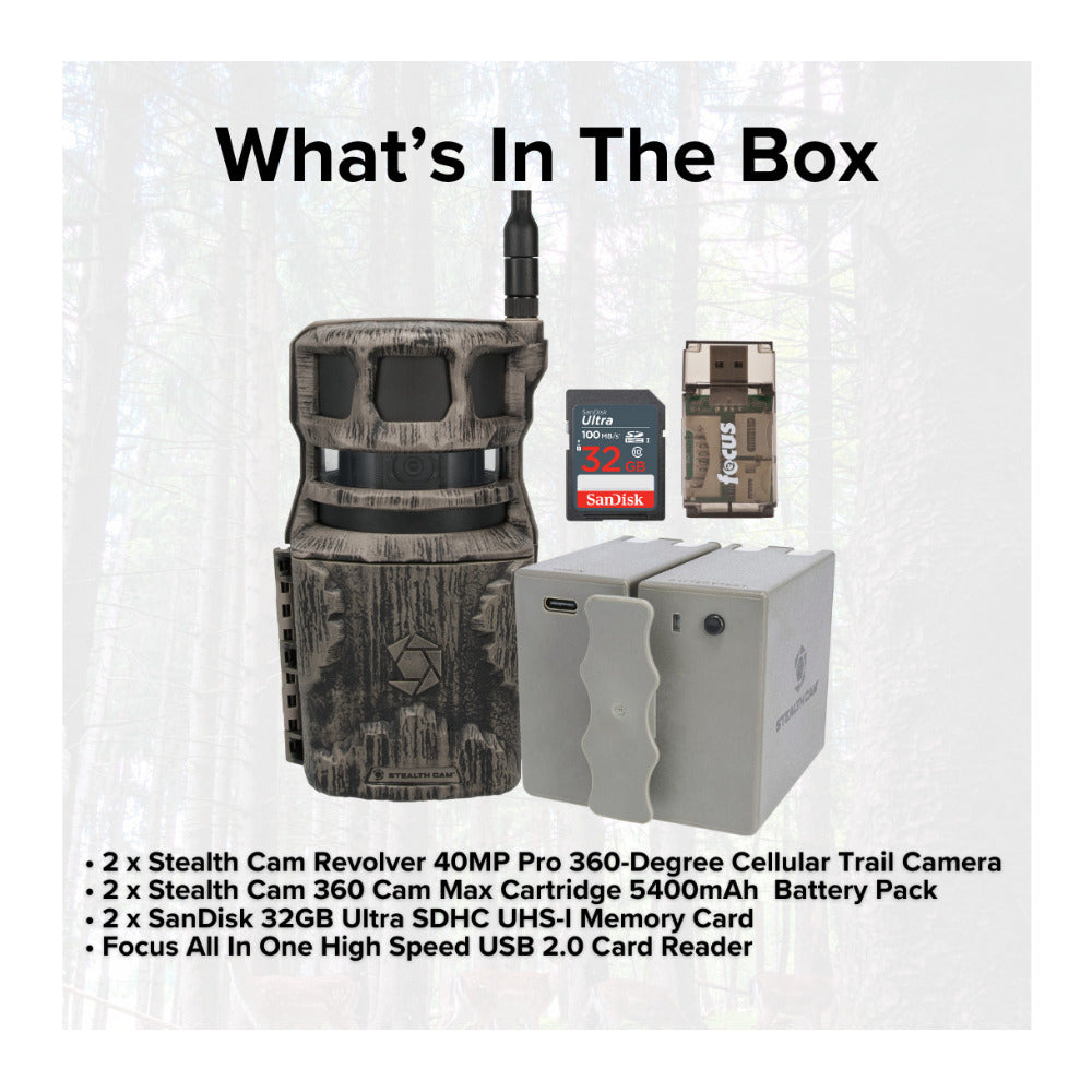 Stealth Cam Revolver 40MP Pro 360-Degree Cellular Trail Camera (2-Pack) and Battery (2-Pack) Bundle