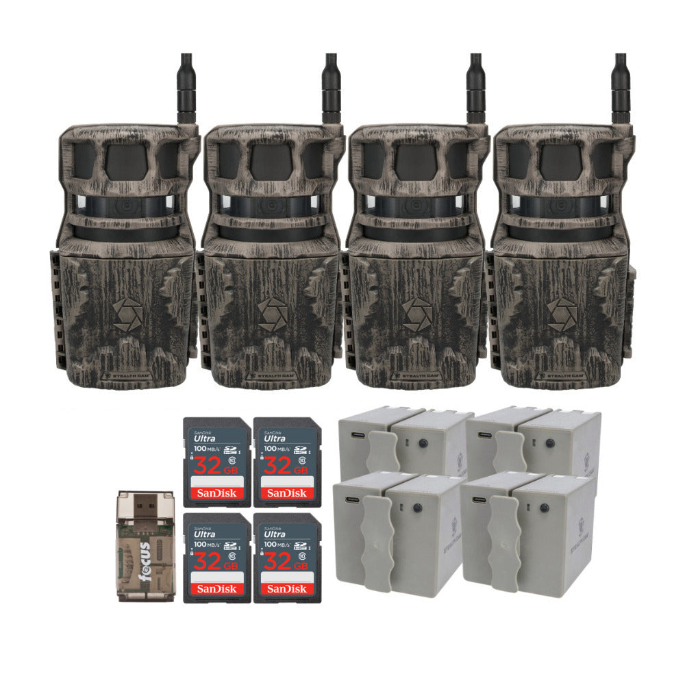 Stealth Cam Revolver 40MP Pro 360-Degree Cellular Trail Camera (4-Pack) and Battery (4-Pack) Bundle