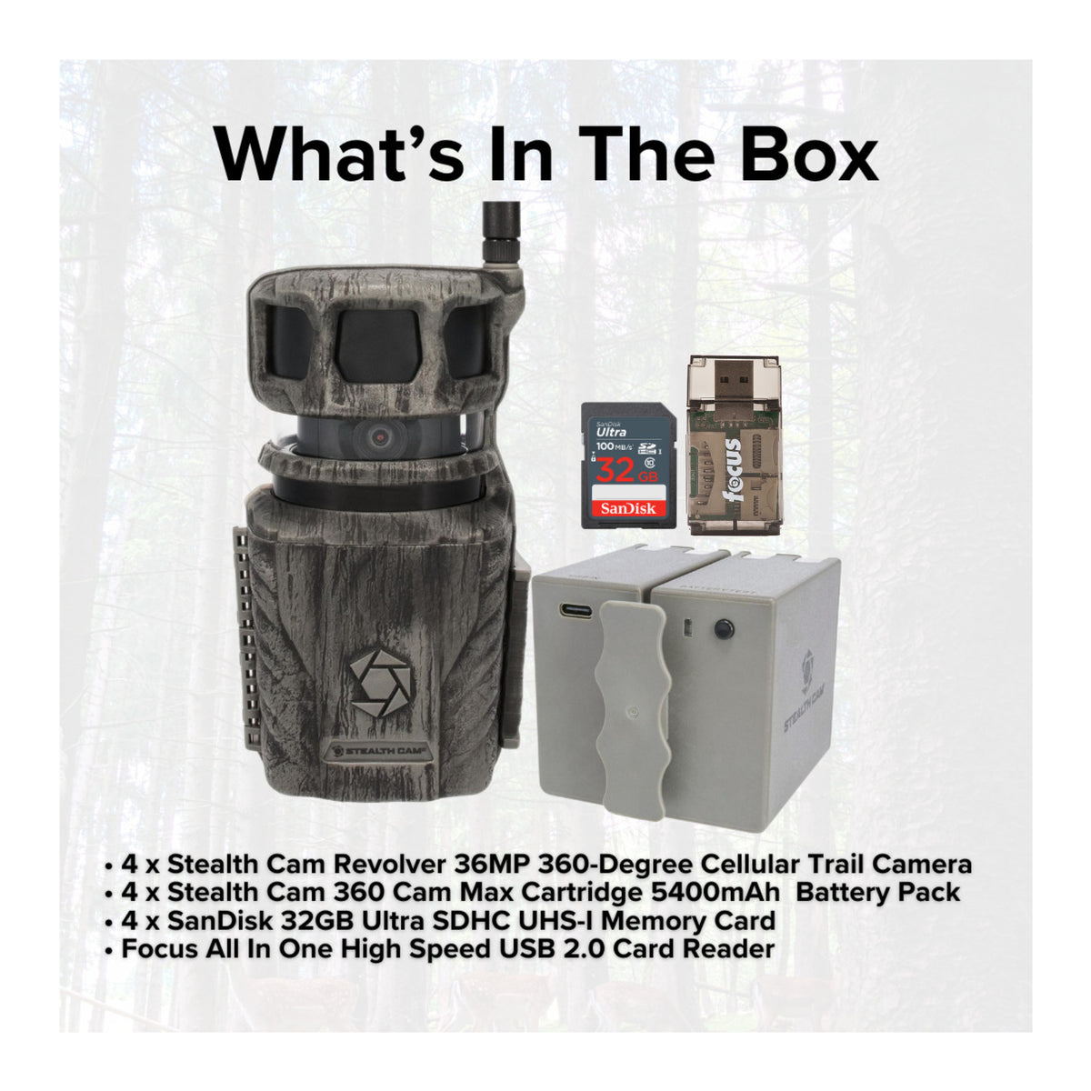 Stealth Cam Revolver 36MP 360-Degree Cellular Trail Camera (4-Pack) and Battery (4-Pack) Bundle