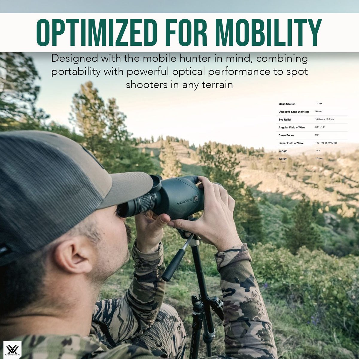 Vortex Viper HD 11 to 33 x 50mm Angled Spotting Scope with Lightweight Design with Tripod Bundle