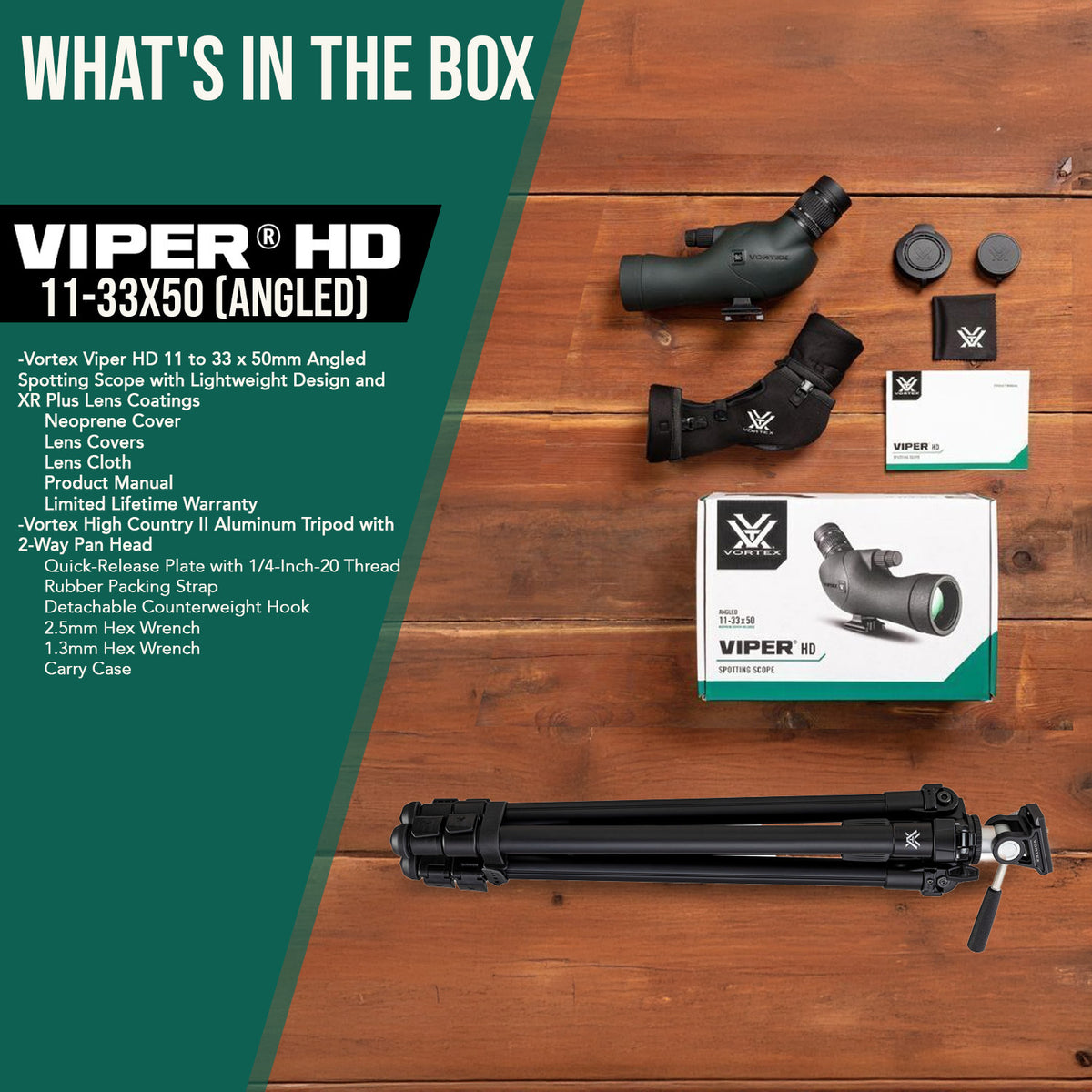Vortex Viper HD 11 to 33 x 50mm Angled Spotting Scope with Lightweight Design with Tripod Bundle