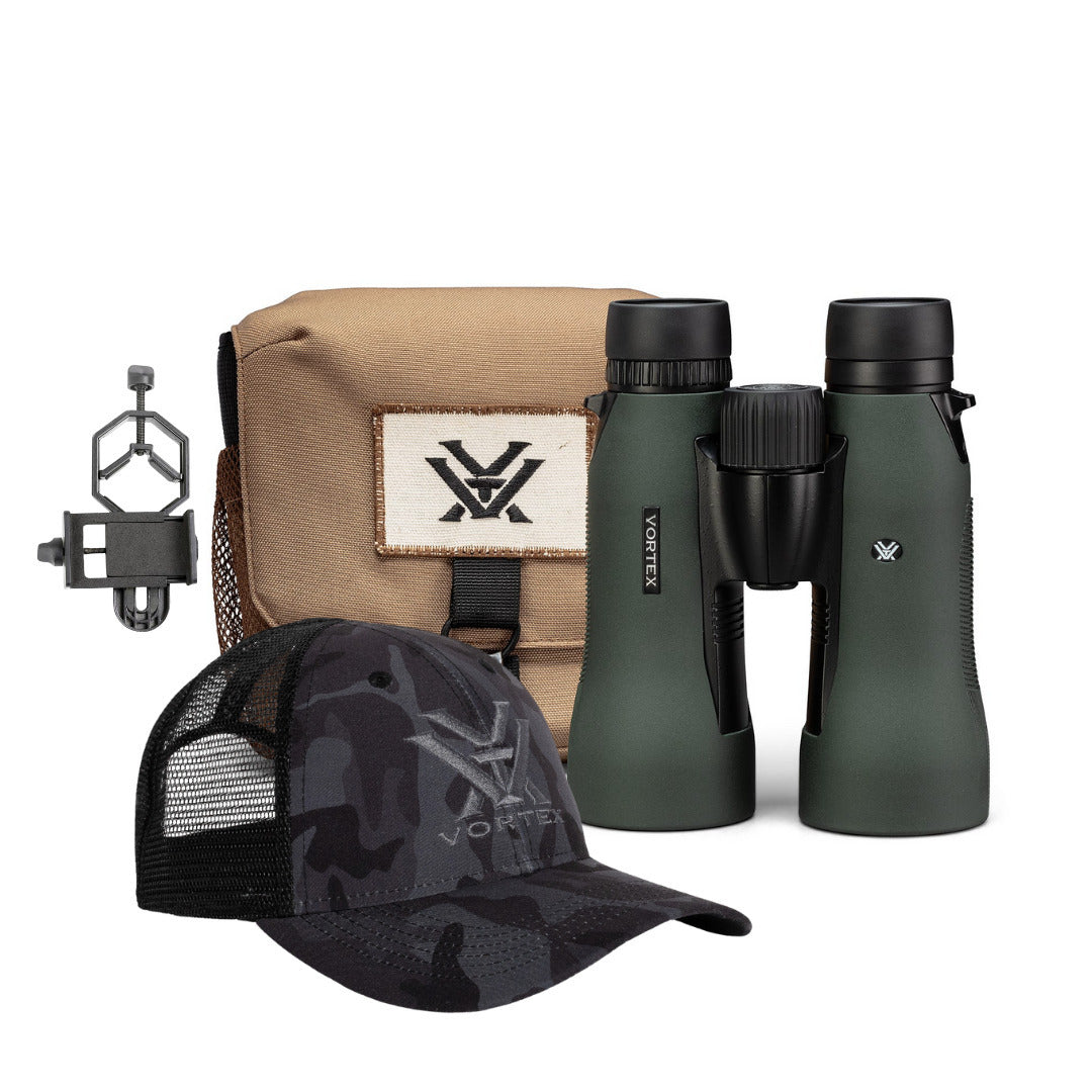 Vortex Diamondback HD 15x56 Binoculars with Basic Smartphone Adapter and Black Camo Hat Bundle