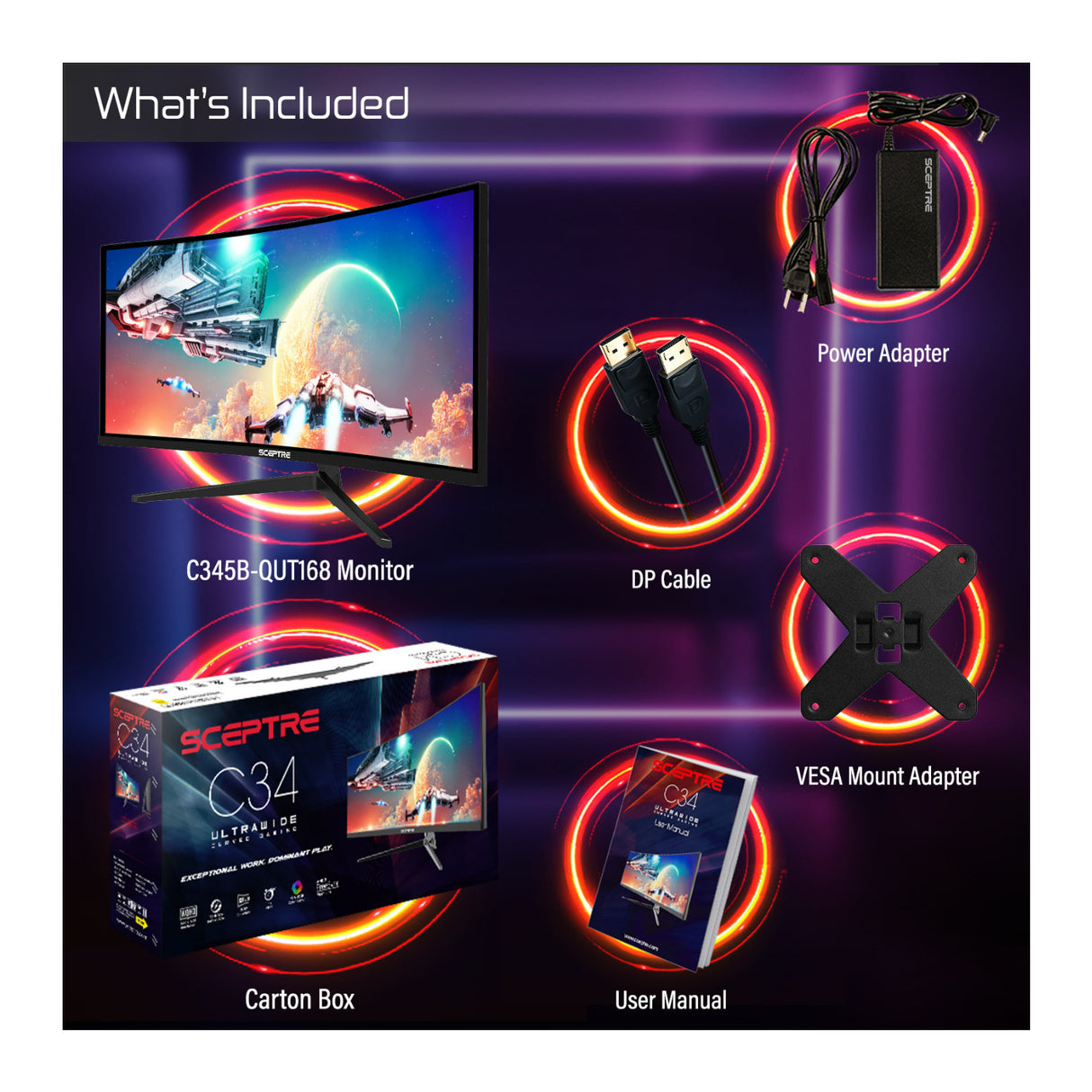 Sceptre C345B-QUT168 34-Inch Ultrawide Curved QHD 165Hz Gaming Monitor with 1500R Curvature (Black)