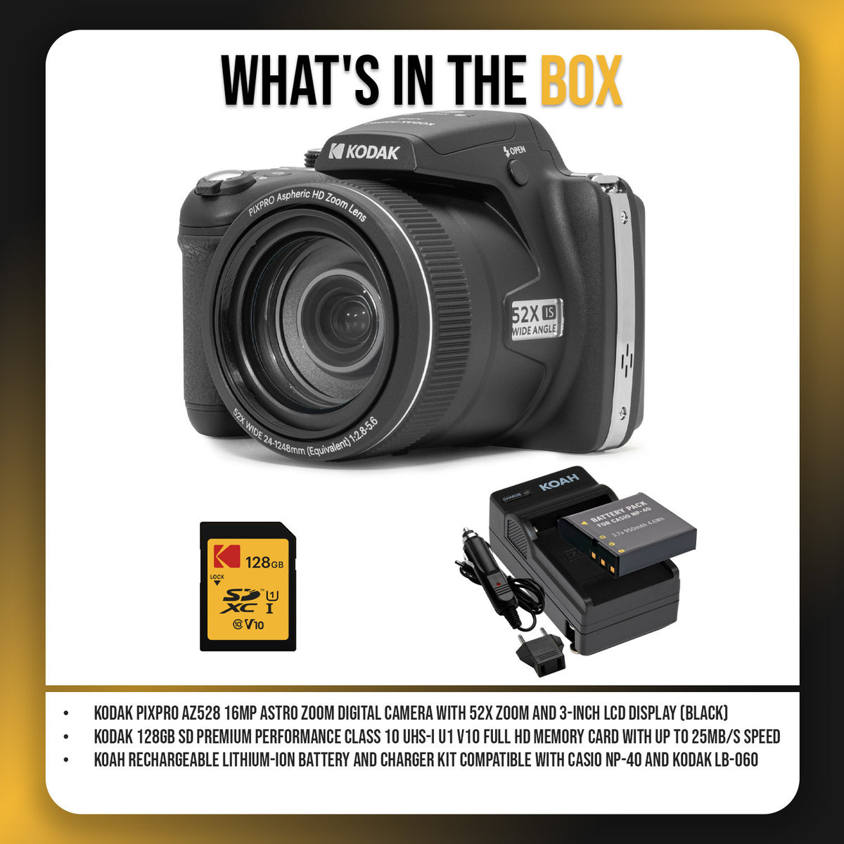 Kodak PIXPRO AZ528 16MP Astro and 52x Optical Zoom Digital Camera (Black) with 128GB SD Card Bundle