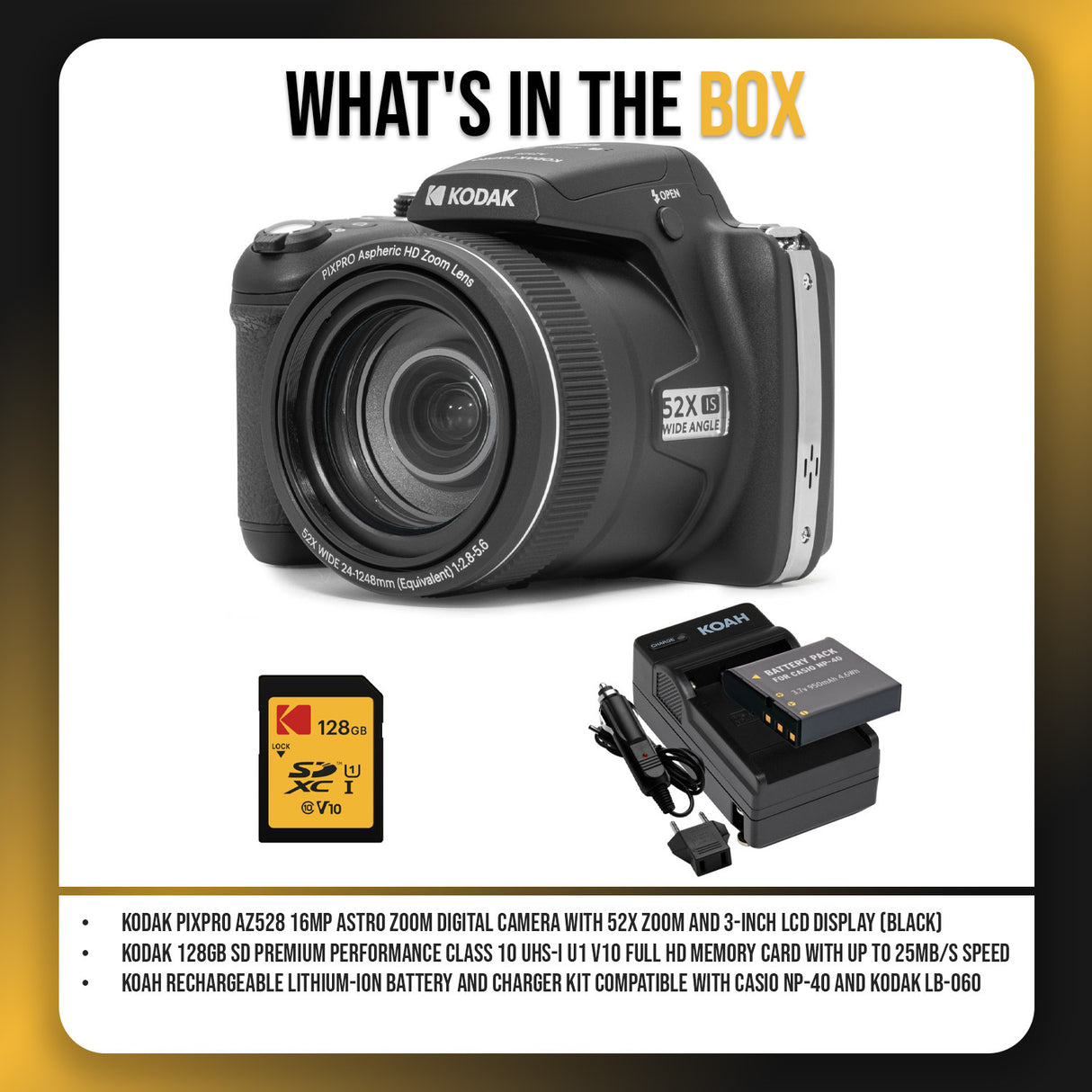 Kodak PIXPRO AZ528 16MP Astro and 52x Optical Zoom Digital Camera (Black) with 128GB SD Card Bundle