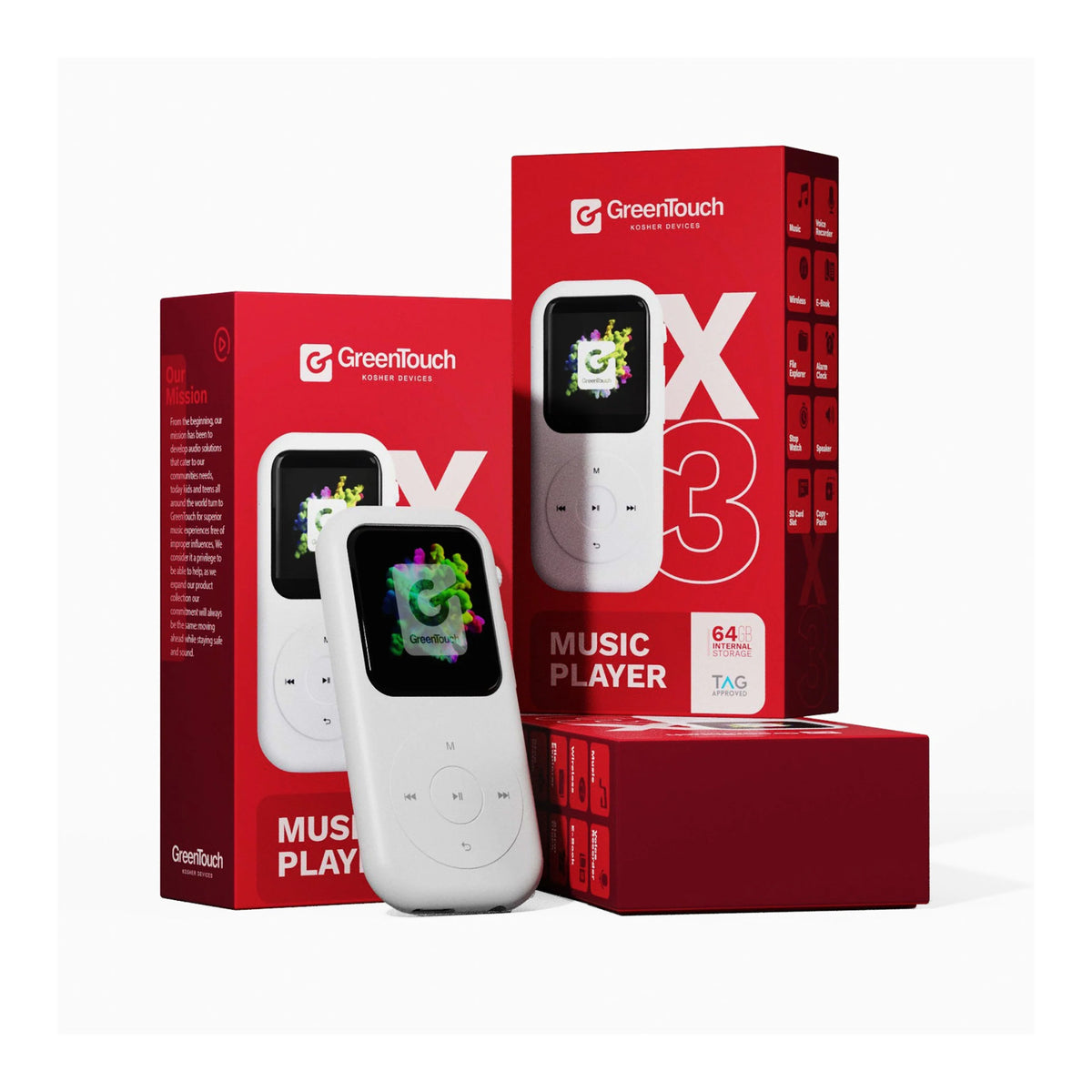 GreenTouch X3 64GB Kosher MP3 Player with Bluetooth and Built-In Speaker (White, No SD Slot)