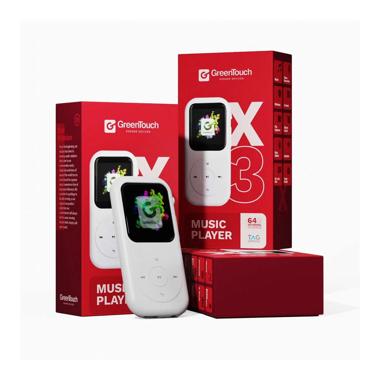 GreenTouch X3 64GB Kosher MP3 Player with Bluetooth and Built-In Speaker (White, No SD Slot)