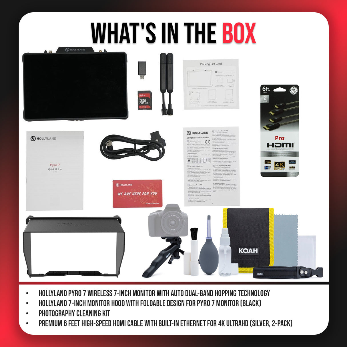 Hollyland Pyro 7 Wireless 7-Inch Monitor, Hood (Black), Cleaning Kit, and Cable Bundle