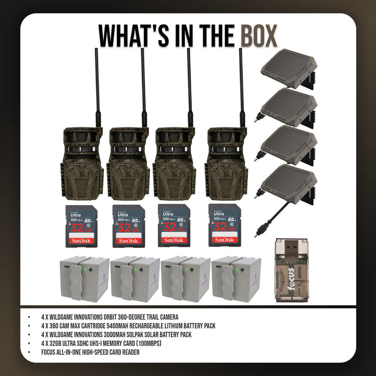 Wildgame Innovations Orbit 360-Degree Trail Camera with 36MP Image Quality (4-Pack) Bundle