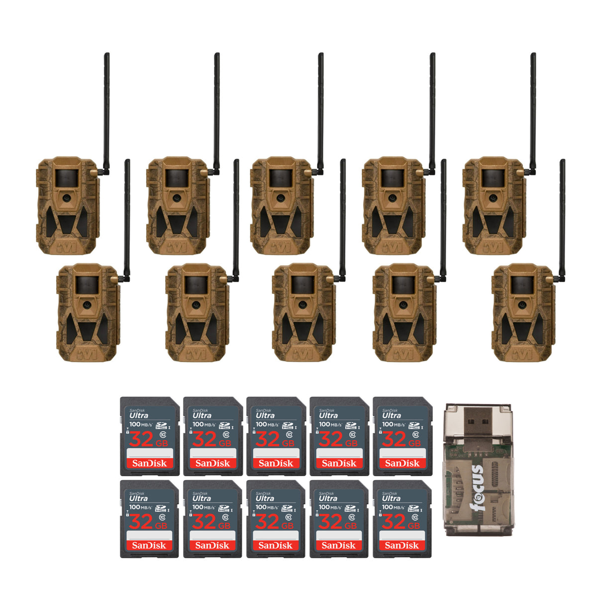 Muddy Matrix 2.0 Dual Network Brown Cellular Camera (10-Pack) with Ten 32GB SD Cards and Card Reader
