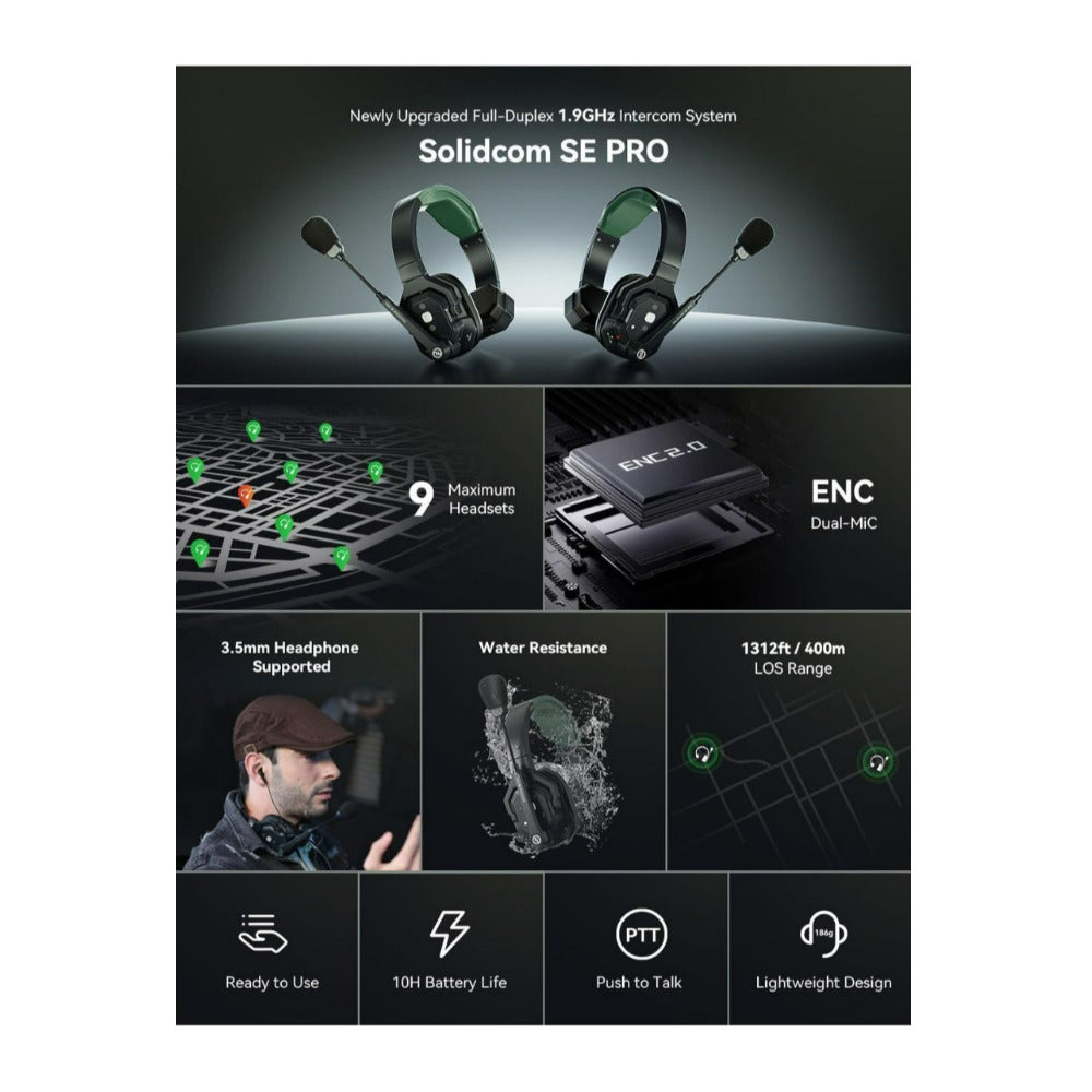 Hollyland Solidcom SE Pro 2S Full-Duplex Wireless Intercom Headset System (1.9 GHz, Green)