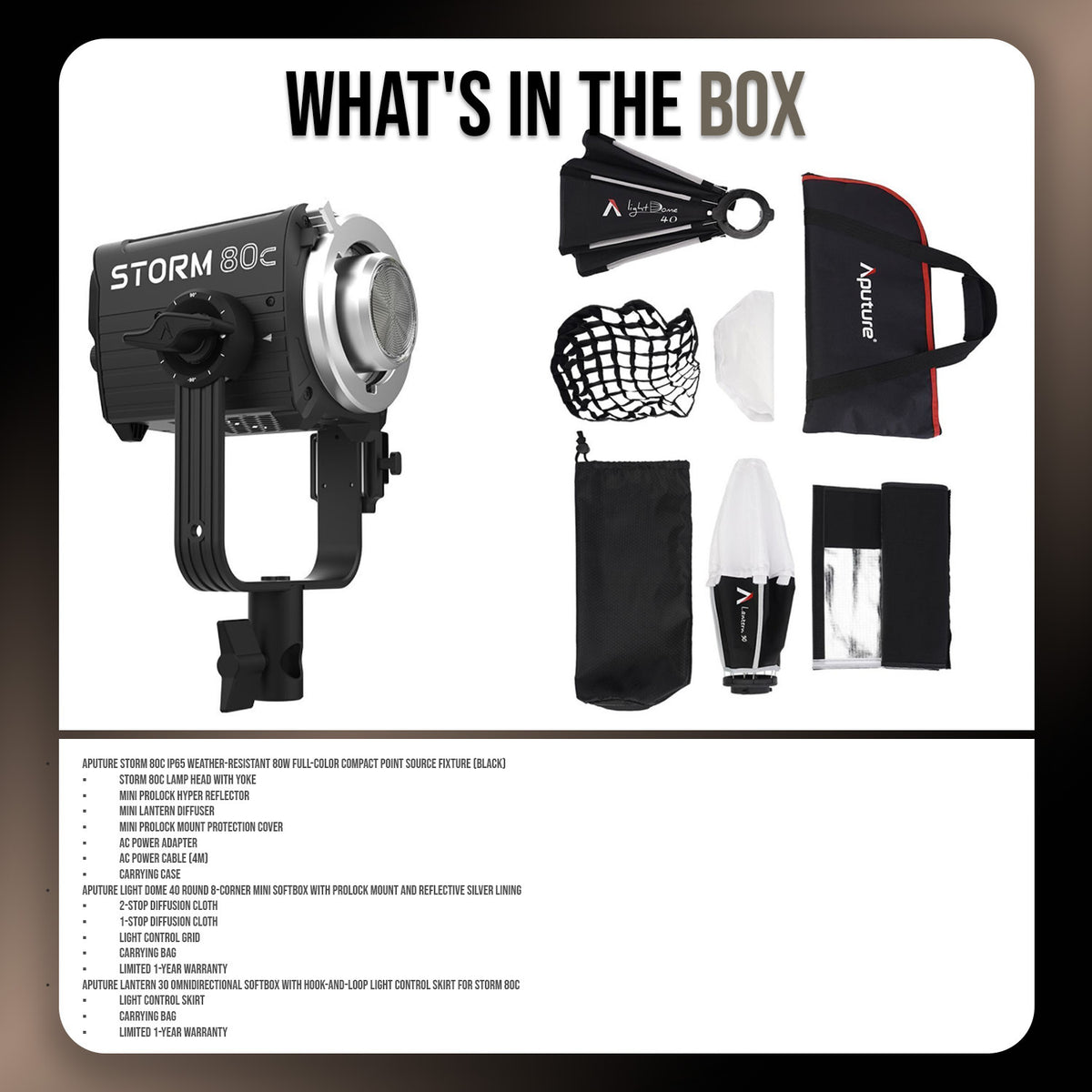 Aputure STORM 80c IP65 80W Full-Color Point Source Fixture (Black) and Light Dome 40 Softbox Bundle