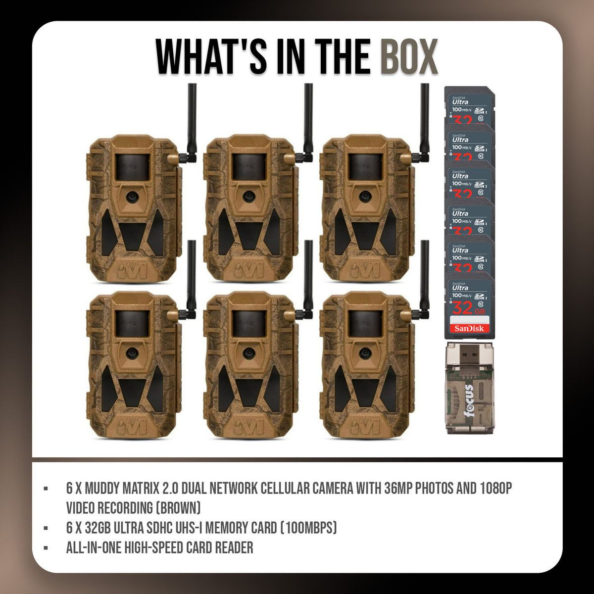 Muddy Matrix 2.0 Dual Network Cellular Camera (Brown, 6-Pack) with 6 x 32GB Memory Card Bundle
