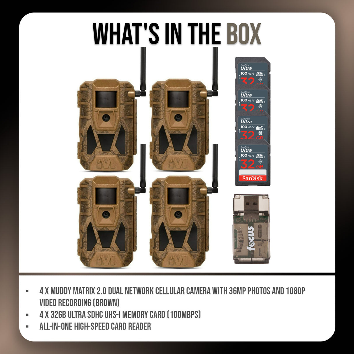 Muddy Matrix 2.0 Dual Network Cellular Camera (Brown, 4-Pack) with 4 x 32GB Memory Card Bundle