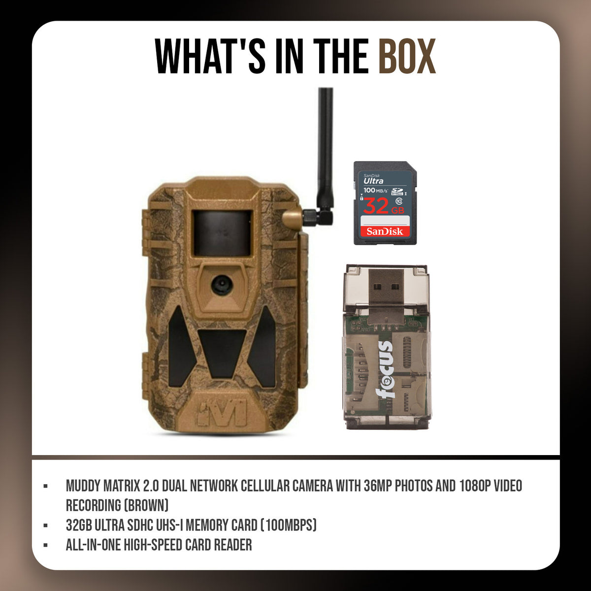 Muddy Matrix 2.0 Dual Network Cellular Camera (Brown) with 32GB Memory Card and Card Reader Bundle