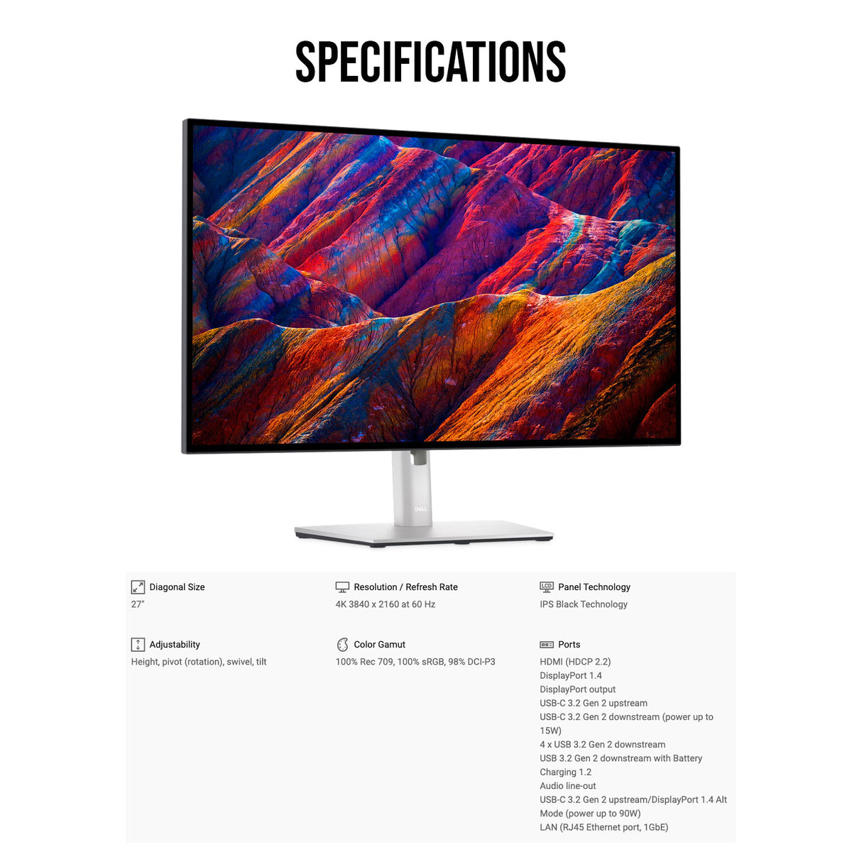 Dell U2723QE UltraSharp 27-Inch 4K USB-C Hub Monitor with HDMI Cable and Screen Cleaner Bundle