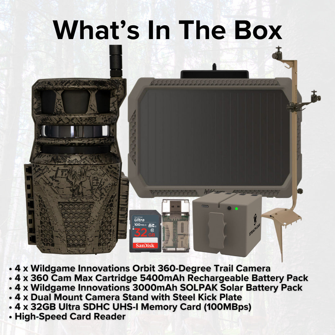 Wildgame Innovations Orbit 360-Degree Trail Camera with 36MP Image and 1080p Video (4-Pack) Bundle