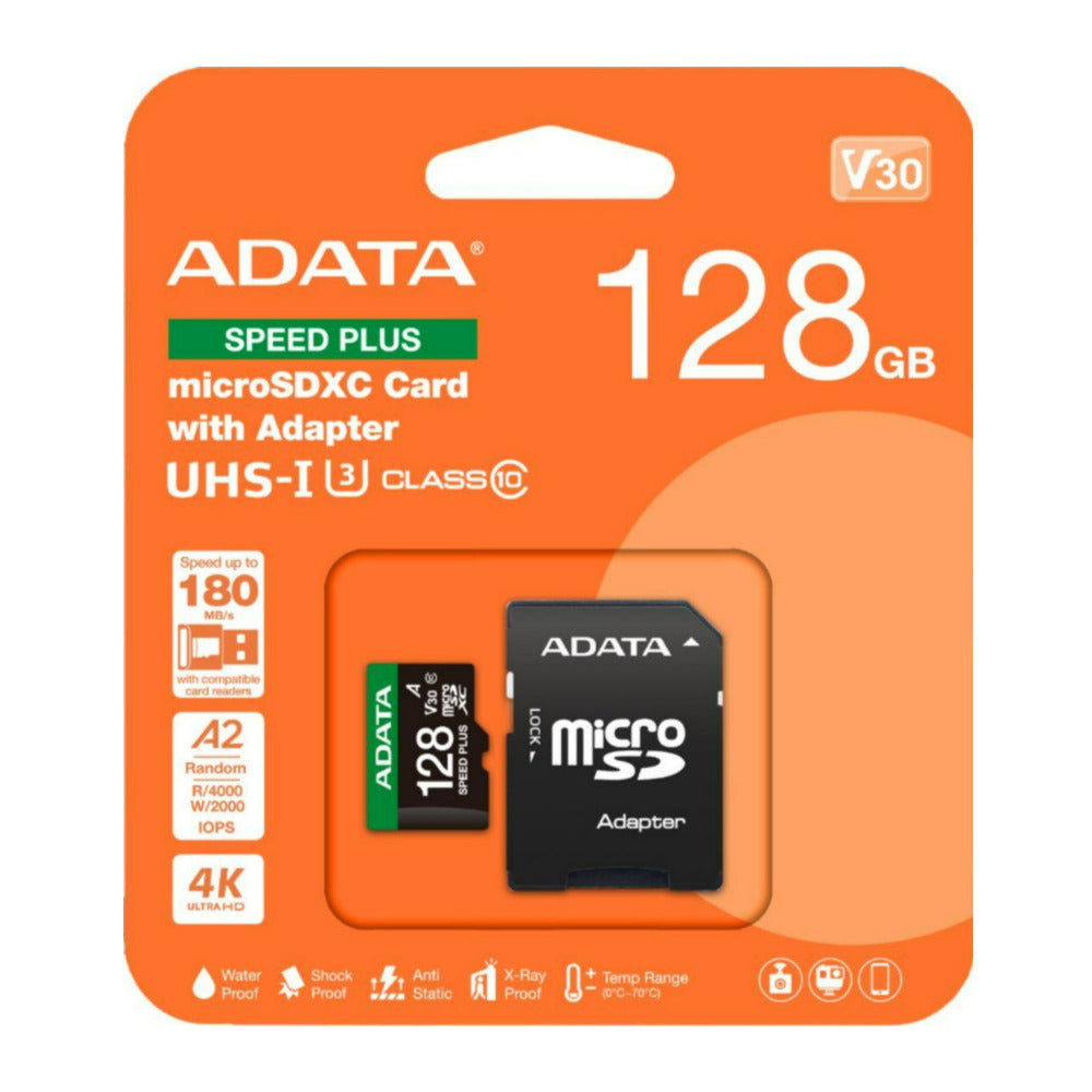 ADATA SPEED PLUS 128GB microSDXC UHS-I U3 Class 10 A2 V30 Temperature-Proof Memory Card