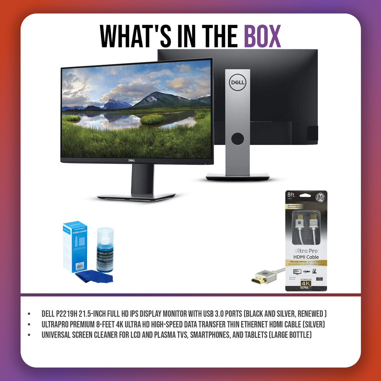 Dell P2219H 21.5-Inch FHD IPS Display Monitor (Black and Silver, Refurbished) with HDMI Cable Bundle