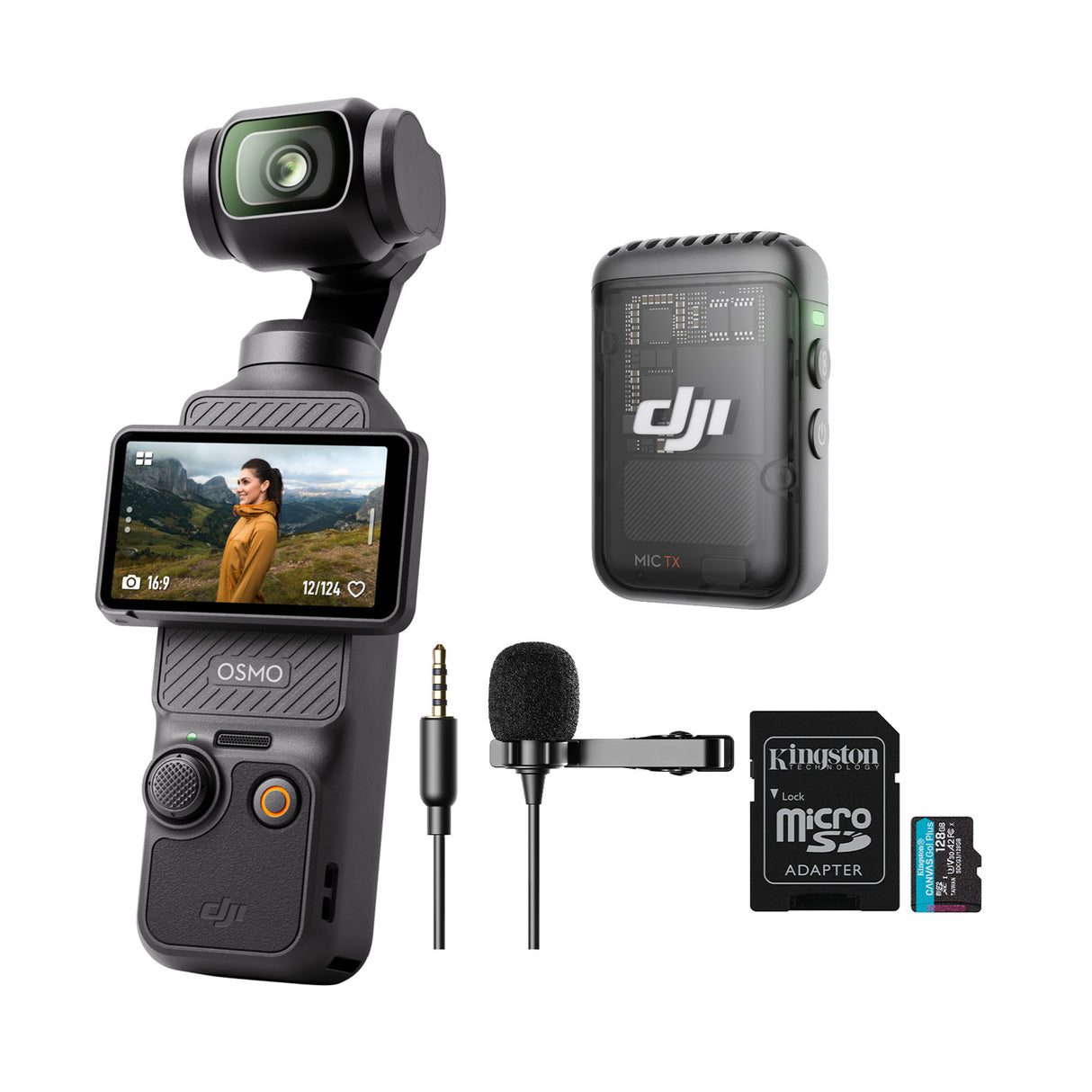 DJI Osmo Pocket 3 with Mic 2 (1 TX, Shadow Black), Lav Mic, and 128GB MicroSD Card bundle