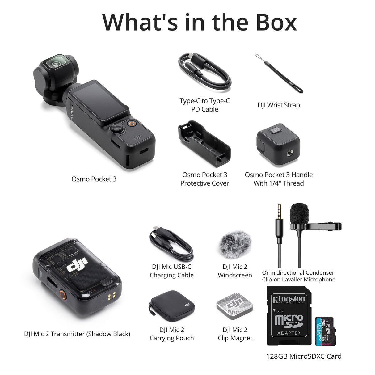 DJI Osmo Pocket 3 with Mic 2 (1 TX, Shadow Black), Lav Mic, and 128GB MicroSD Card bundle