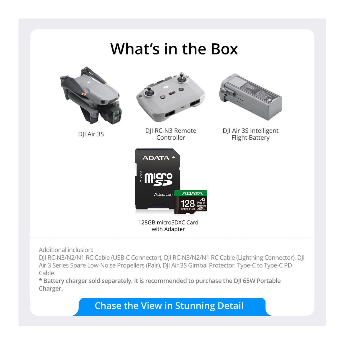 DJI Air 3S Drone with RC-N3 Remote Controller with 128GB microSDXC UHS I U3 10 A2 Memory Card Bundle