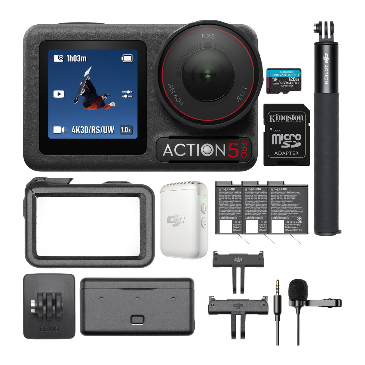 DJI Osmo Action 5 Pro Adventure Combo with Mic 2 Transmitter (White) and 128GB MicroSD Card Bundle