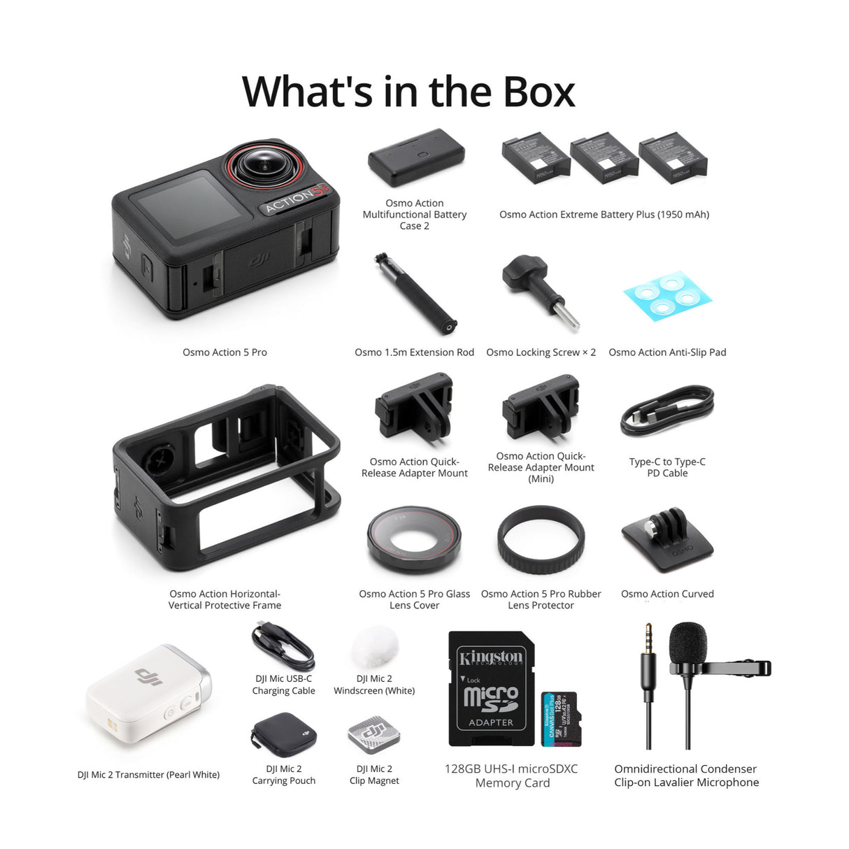 DJI Osmo Action 5 Pro Adventure Combo with Mic 2 Transmitter (White) and 128GB MicroSD Card Bundle