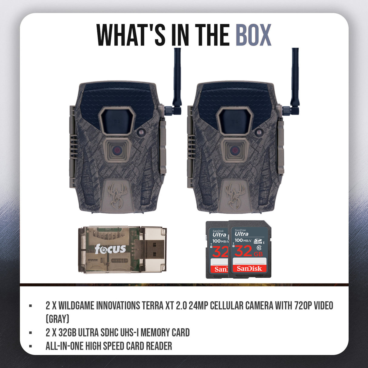 Wildgame Innovations Terra XT 2.0 24MP Cellular Camera (Gray, 2-Pack) with 2 x Memory Card Bundle