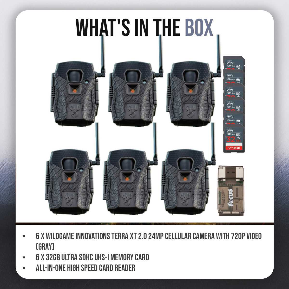 Wildgame Innovations Terra XT 2.0 24MP Cellular Camera (Gray, 6-Pack) with 6 x Memory Card Bundle