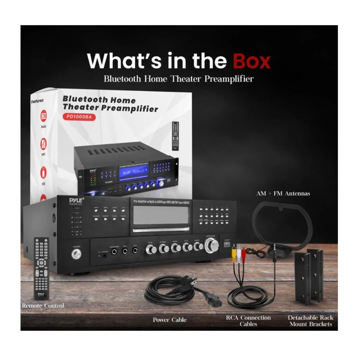 Pyle Pro 4-Speaker Bluetooth Home Theater Amplifier – CD/DVD Player, USB, AM/FM, AUX, Mic Inputs