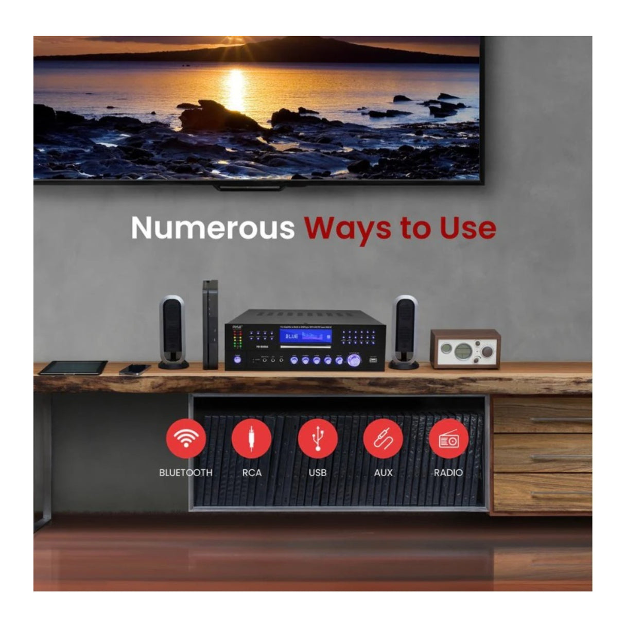 Pyle Pro 4-Speaker Bluetooth Home Theater Amplifier – CD/DVD Player, USB, AM/FM, AUX, Mic Inputs