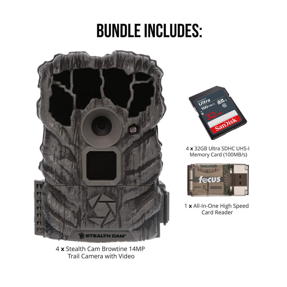 Stealth Cam Browtine 14MP Trail Camera (4-Pack) with 32GB Cards and Card Reader
