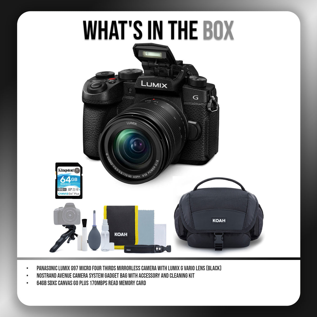Panasonic LUMIX G97 Micro Four Thirds Mirrorless Camera (Black) with Gadget Bag and 64GB Card Bundle