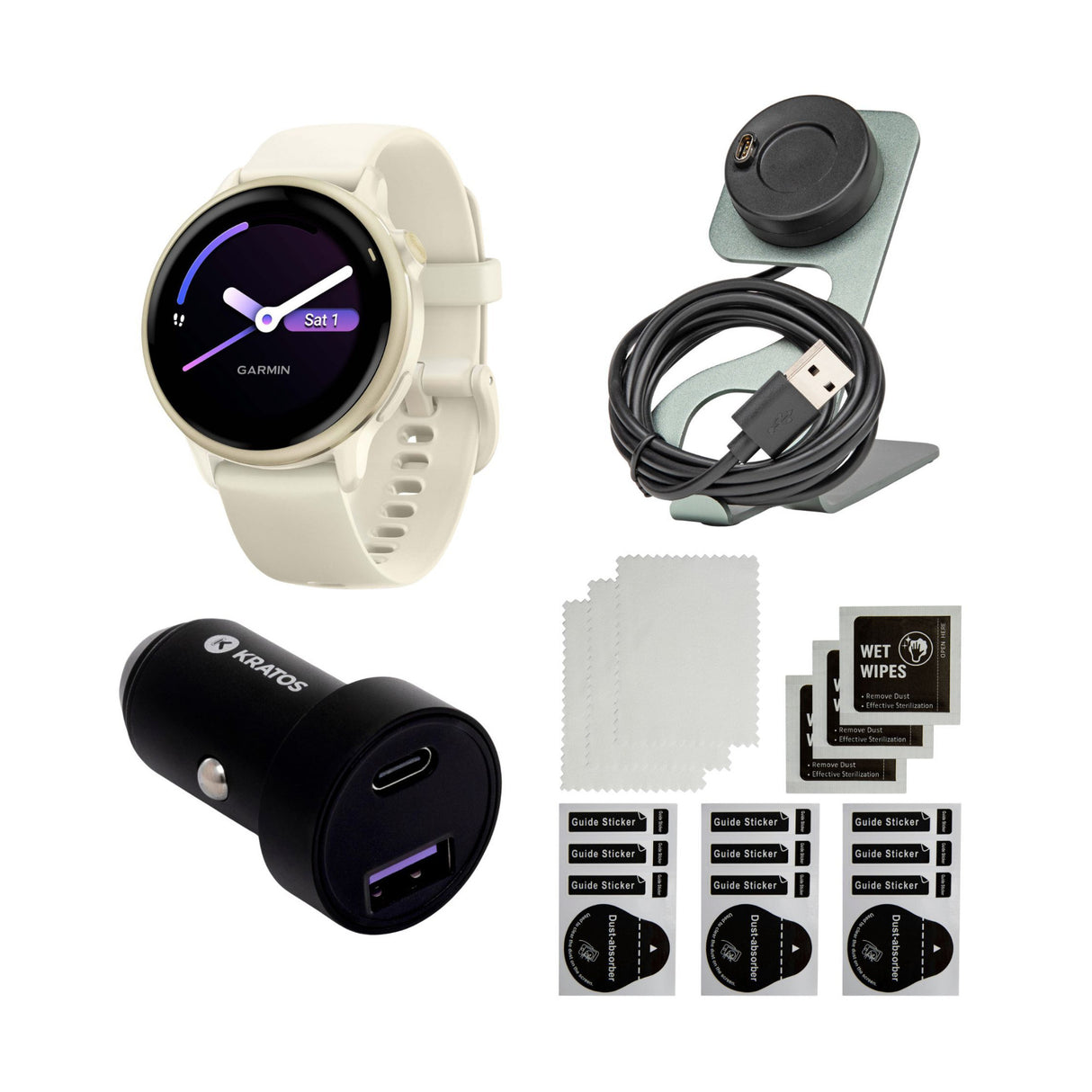 Garmin vivoactive 6 (Lunar Gold with Bone Band) Bundle with Portable Charger Stand and Car Charger