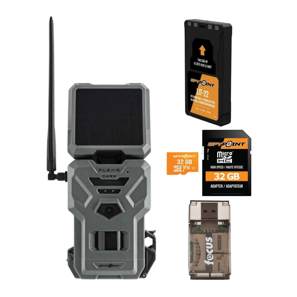 Spypoint Flex-S-Dark Solar Cellular Trail Camera with Lithium Battery, 32GB SD Card & Card Reader
