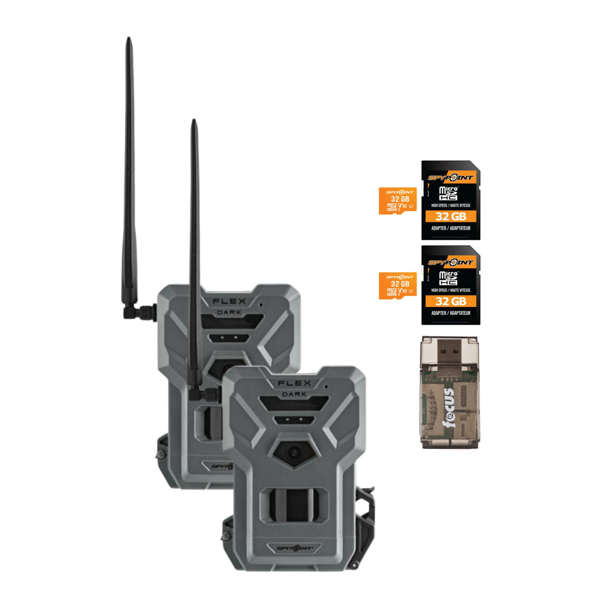 SPYPOINT FLEX DARK GPS Cellular Trail Camera No WiFi Needed 32GB Memory Card and Card Reader 2 Pack