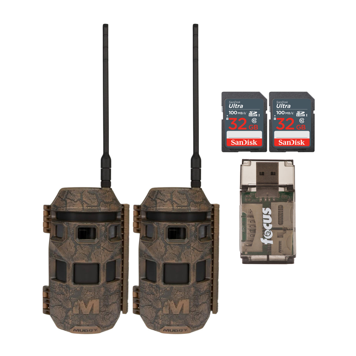 Muddy Trifecta 180 Cellular Trail Camera (Brown, 2-pack) with 2 x 32GB Memory Card and Card Reader