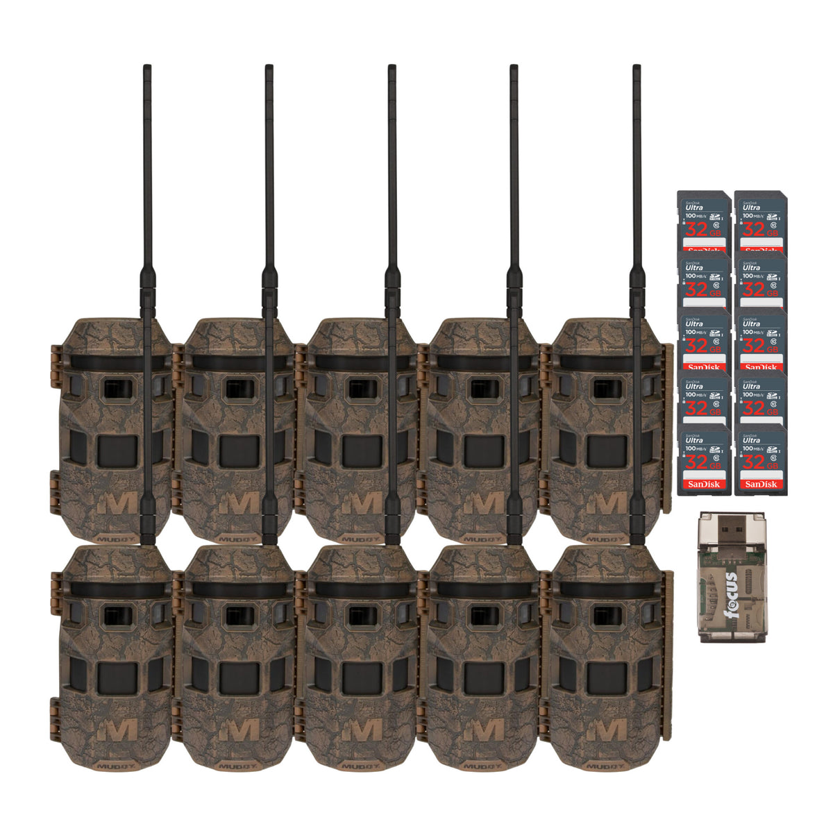 Muddy Trifecta 180 Cellular Trail Camera (Brown, 10-pack) with 10 x 32GB Memory Card and Card Reader
