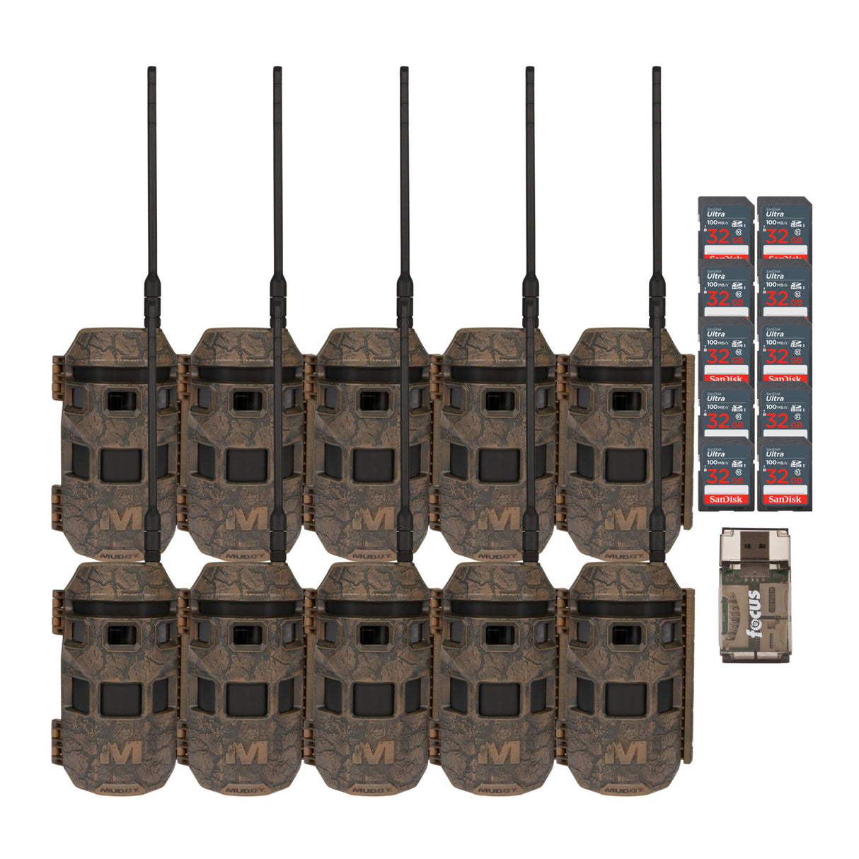 Muddy Trifecta 180 Cellular Trail Camera (Brown, 10-pack) with 10 x 32GB Memory Card and Card Reader