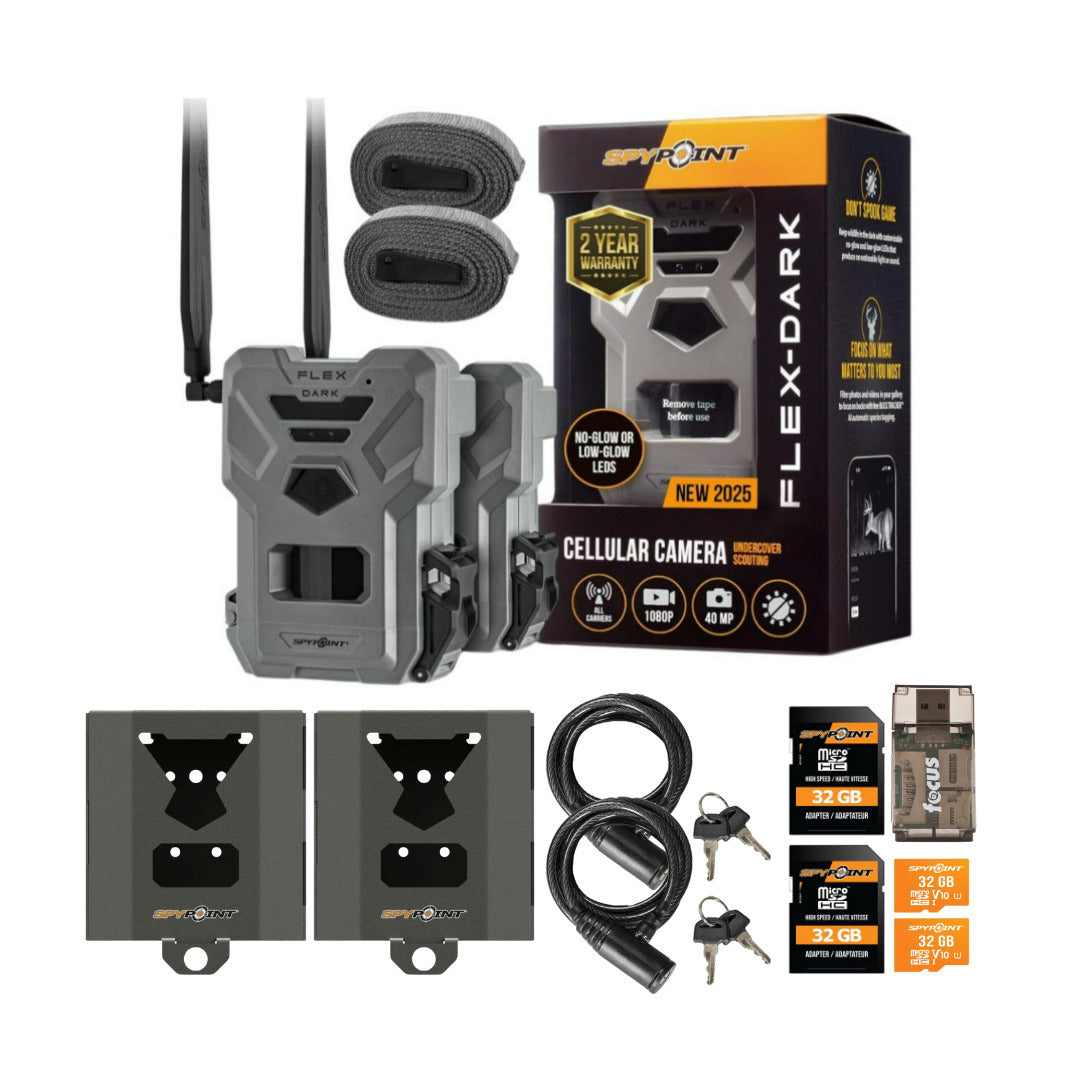 Spypoint FLEX-DARK Cellular Trail Camera (Gray, 2-Pack) and 32GB Memory Card (2-Pack) Bundle